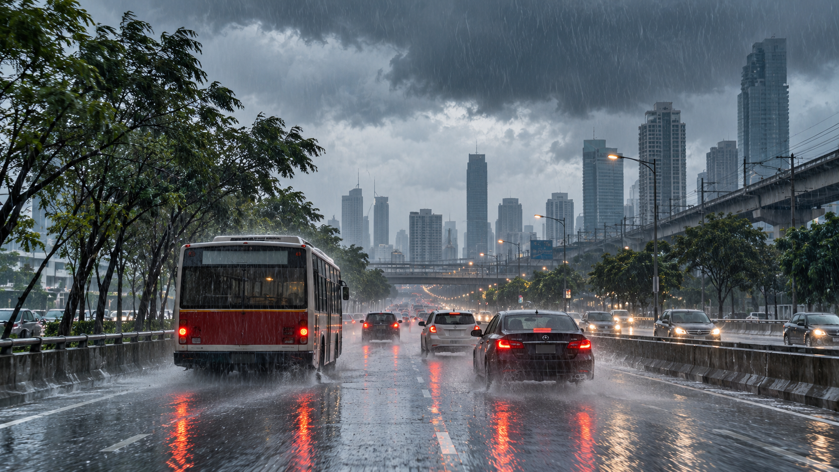 ภาพประกอบ AI แสดงการจราจรบนถนนในเมืองท่ามกลางฝนตกหนัก