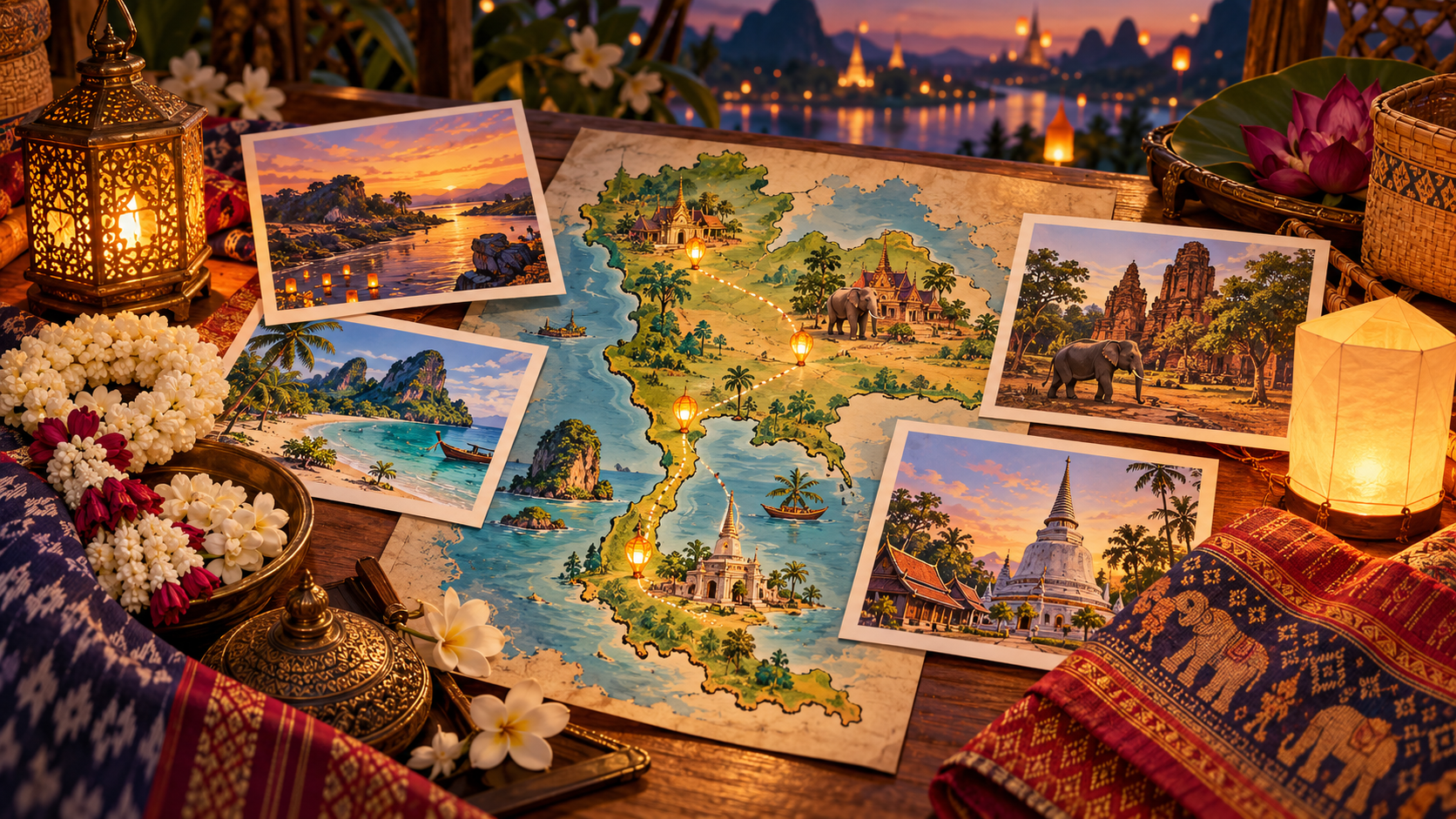 ภาพประกอบ AI แสดงแผนที่ประเทศไทยกับดอกไม้ โคมไฟ ผ้าทอ และภาพสถานที่ท่องเที่ยว